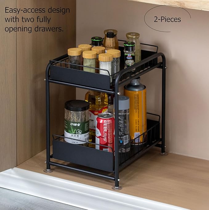Basicwise Under Sink Organizer Sliding Wire Baskets Adjustable 2-Tier Metal Storage Rack for Bathroom Kitchen or Utility Cabinets Pull-Out Shelf for Cleaning Supplies & Pantry Essentials, Set of 2