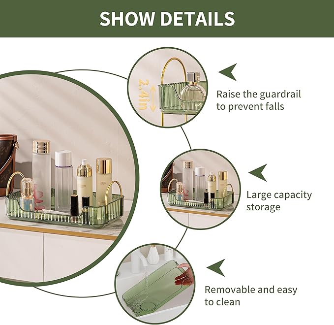 CESTATIVO Bathroom Counter Organizer, Green, 11.8" L X 6.7" W X 4.5" H, Stainless Steel, PET, Modern Metal Handles, Smooth Edges, Large Capacity, Minimalist Design, Ideal Gift
