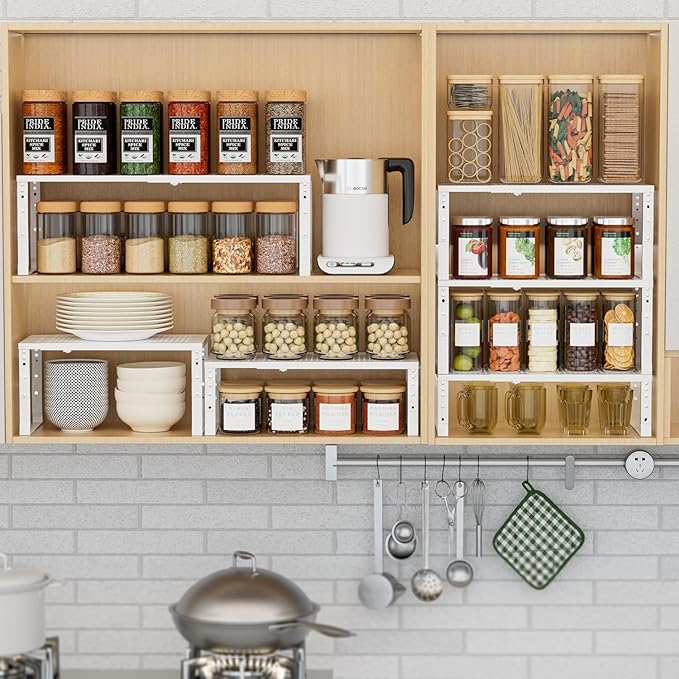 Wobmmi Expandable Spice Rack Kitchen Cabinet Shelf Organizer, Stackable Storage Shelves Racks, Adjustable Counter Shelving for Cabinets, Countertop, Cupboard,Pantry and More(3Packs/White/Large)