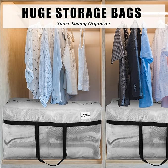 Windyun 4 Pack 69 Gallon Extra Large Moving Bags XXL Heavy Duty Storage Bag with Strong Zipper Handle Jumbo Big Tote Box Foldable for College Dorm Travel Clothes Duffle Blanket Pillow(Transparent)