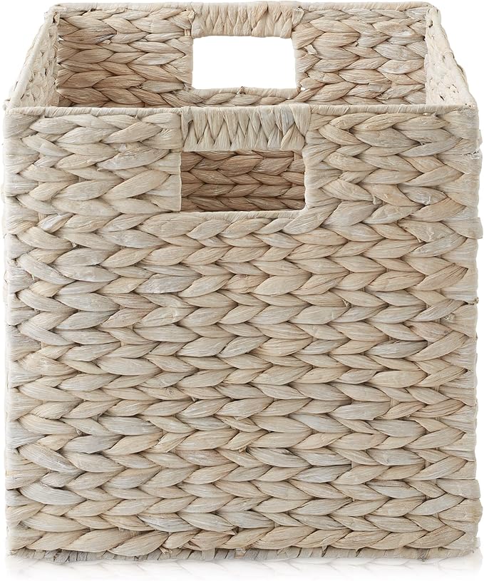 Casafield 12" x 12" Hyacinth Storage Baskets, Whitewash - Set of 4 Storage Organizers, Woven Wicker Cubes for Bathroom, Bedroom, Laundry, Shelves