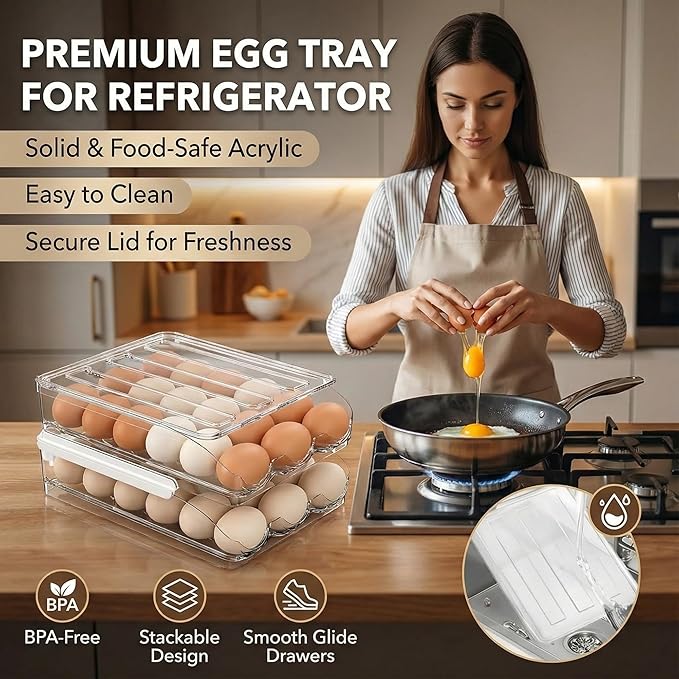 Egg Holder for Fridge, Automatic Rolling Egg Organizer for Refrigerator, Clear Plastic Storage for Refrigerator with Lid, Large Capacity Dispenser, Stackable Container (2 Layers Holder 36 Eggs)