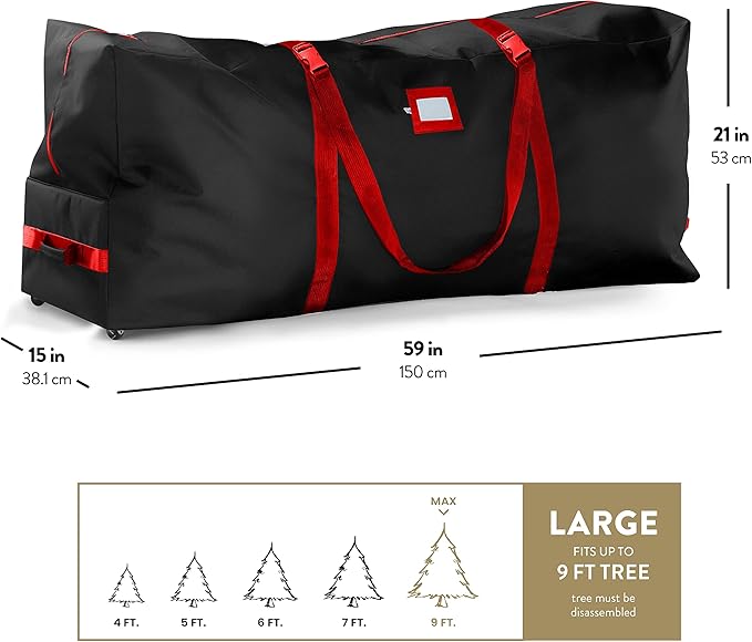ZOBER 600D Oxford Fabric Large Rolling Christmas Tree Storage Bag - Fits 9 Ft Artificial Trees - Waterproof Christmas Tree Bag For Storage Box For Xmas, Durable Handles and Wheels - Card Slot - Black