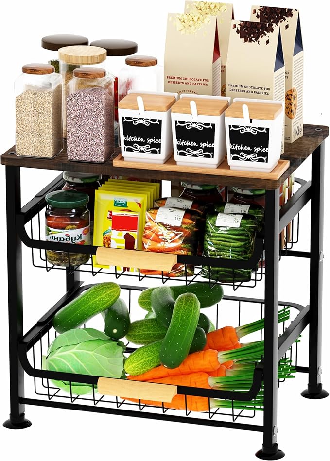 Fruit Vegetable Basket for Kitchen,3 Tier Pantry Organizer with Wheels,Snack cart with Wood Top,Metal Wire Storage Basket Organizer Baskets for Kitchen, Pantry, Bathroom