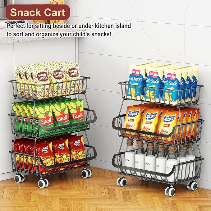 3-Tier Rolling Pantry Cart with Wheels, Stackable Wire Storage Floor Organizer for Kitchen Pantry Snack Shelves, Fruit Basket Stand, Vegetable Storage Rack for Food Snacks Onion Potato, Black, 2 Pack