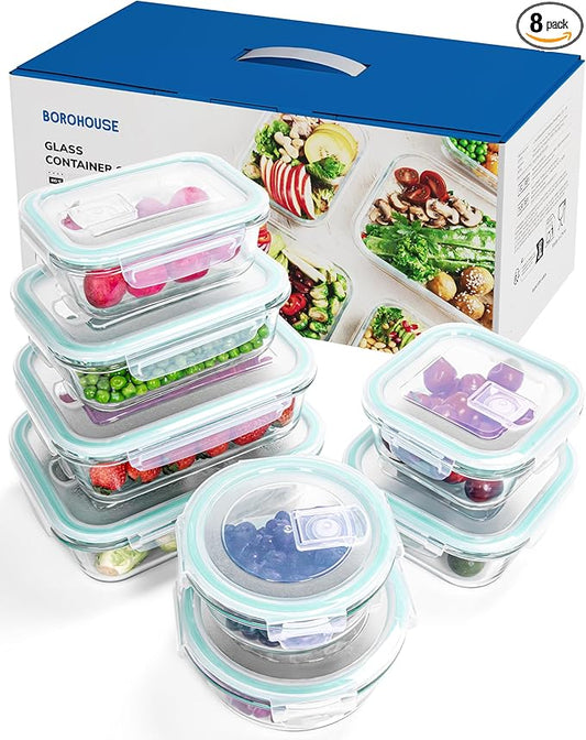BOROHOUSE 8-Piece Borosilicate Glass Food Storage Containers Set with Airtight Lids - Oven, Microwave & Freezer Safe, Leak-Proof, BPA-Free - Baking, Meal Prep & Gift Ready