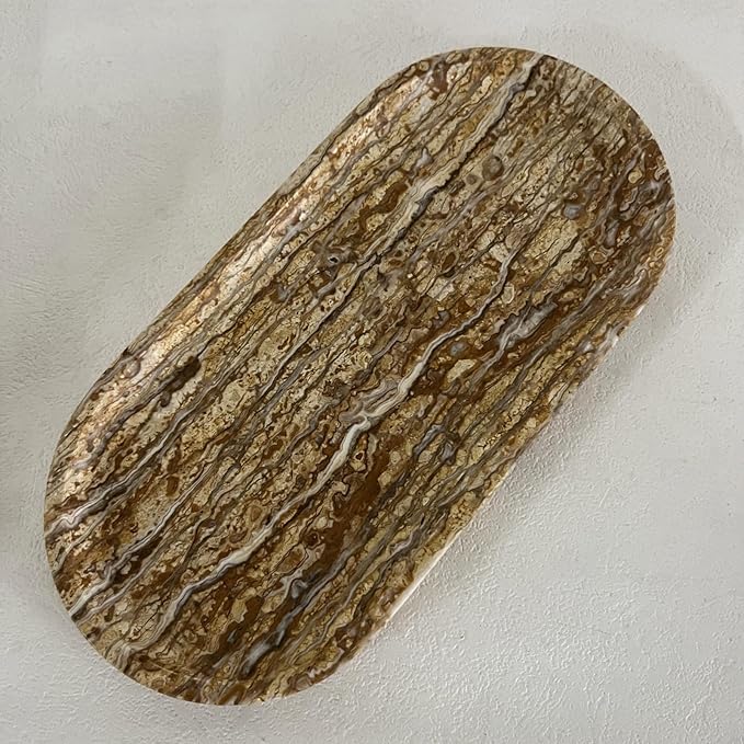 SAIDKOCC Natural Marble Oval Tray Ornaments Vintage Small Tray Storage Dish for Counter, Vanity, Dresser, Nightstand and Desk (Brown)