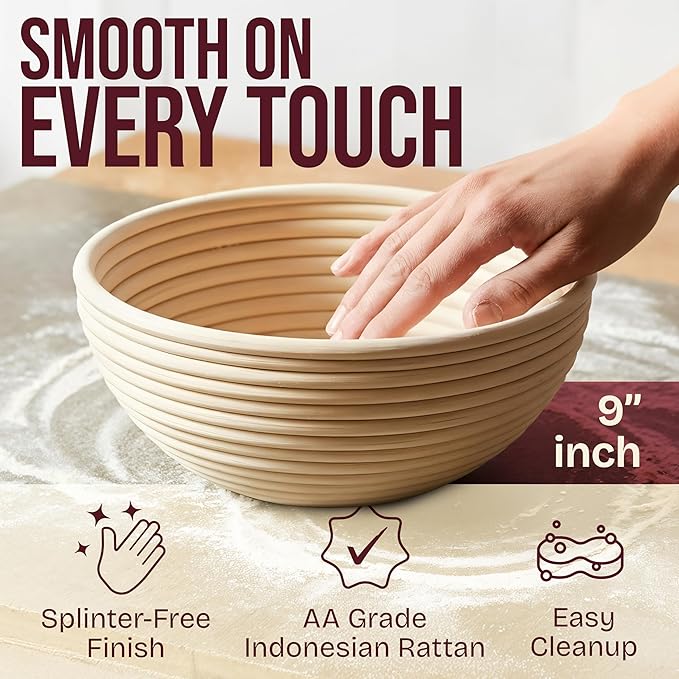 Superbaking Banneton Bread Proofing Basket Set with Silicone Dough Sling, 9" Splinter-Free Proofing Basket, Non-Stick Dutch Oven Liner, Sourdough Starter Kit, Sourdough Bread Baking Supplies & Tools