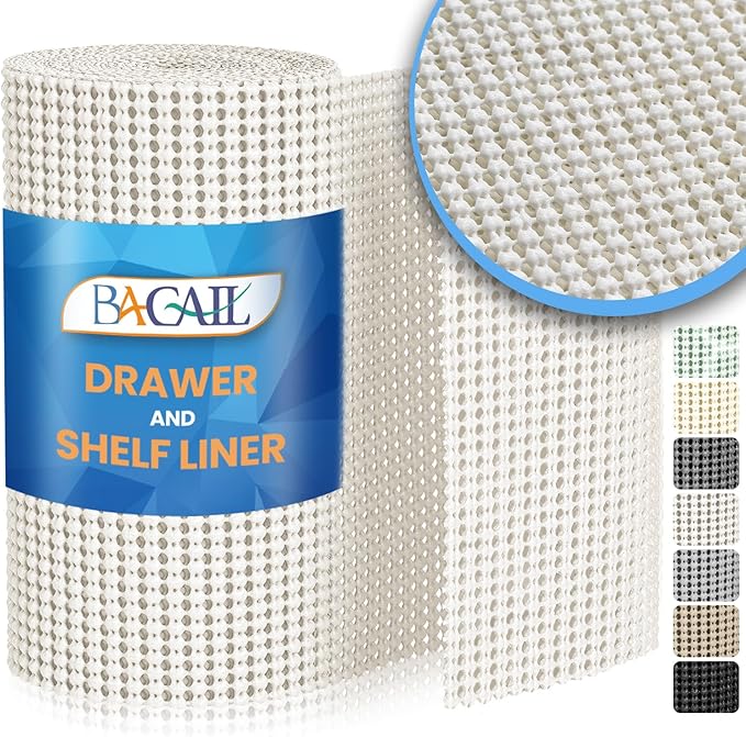 BAGAIL Drawer and Shelf Liner, 12 in X 20 Ft Non-Adhesive Shelf Liners for Kitchen Cabinets, Thick Strong Grip Liners for Desk, Shelves, Bathroom Drawers, Cabinet Protection - White