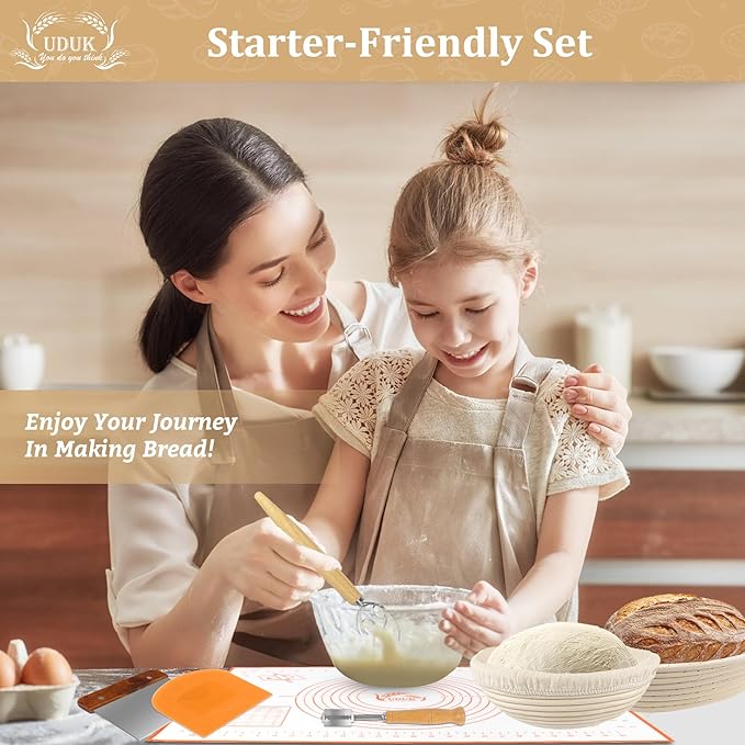 UDUK Bread Proofing Basket Set with 10" Round and 9.6" Round Banneton Baskets, Silicone Bread Sling Baking Mat, Whisk Cutter Scraper Lame - Sourdough Bread Baking Supplies Ideal Sourdough Starter Kit