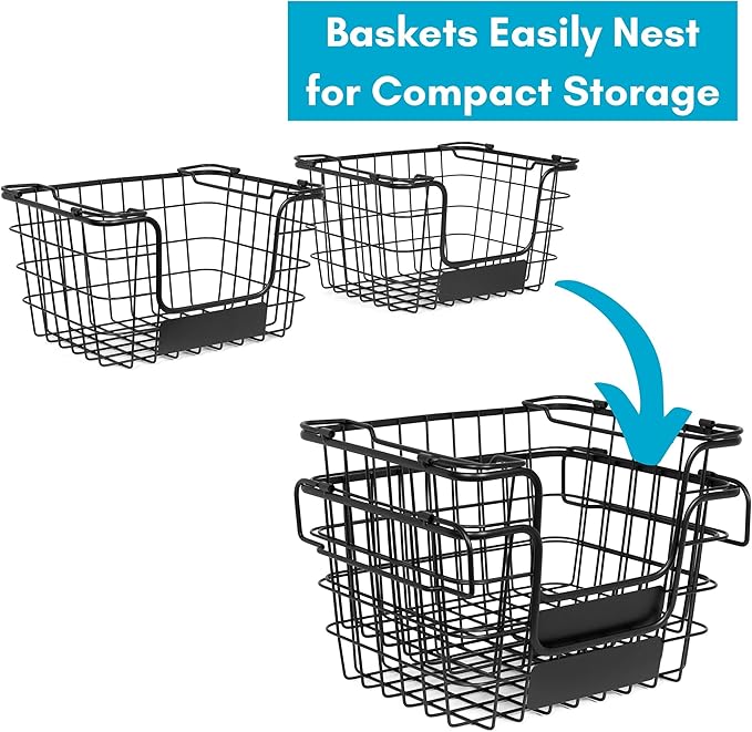 BIRDROCK HOME Stacking Wire Market Baskets with Chalk Label | Set of 2 | Fruit Vegetable Produce Metal Storage Bin for Kitchen Counter | Black