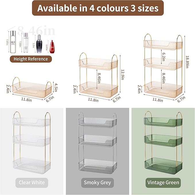 akinbas 3 Tier Bathroom Organizer Countertop Makeup Perfume Tray Skincare Organizer for Bathroom Dresser Vanity (Gold)
