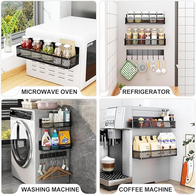 Magnetic Spice Rack for Refrigerator, 3 Pack Magnetic Shelf, Moveable Fridge Organizer with 8-Hook Rack, Seasoning Organizer for Kitchen