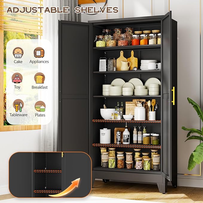 Tall Metal Kitchen Pantry Storage Cabinet with 2 Doors and 5 Adjustable Shelves - 75.2" Kitchen Cabinet with Gold Handles for Kitchen, Bathroom, Dining Room, Living Room - Black