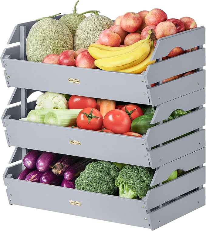 HABAU Potato Onion Storage Bin - Wood Stackable Produce Basket with Handles - Fruit and Vegetable Storage for Kitchen and Pantry Counter Organization - 3 Pack