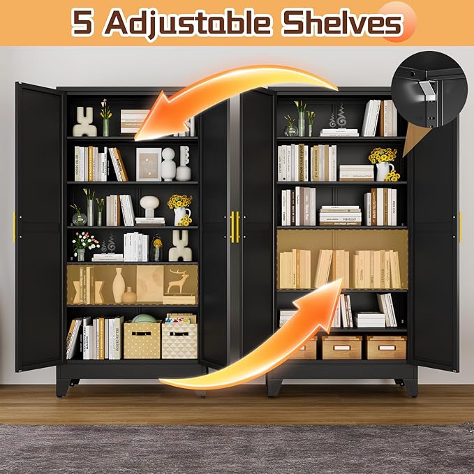 PAOFIN 75" Metal Kitchen Pantry Cabinet,Black Storage Cabinet with Doors and 5 Adjustable Shelves, Cabinet with 2 Metal Handles,Tall Cabinet for Livingroom,Pantry, Bathroom,Kitchen