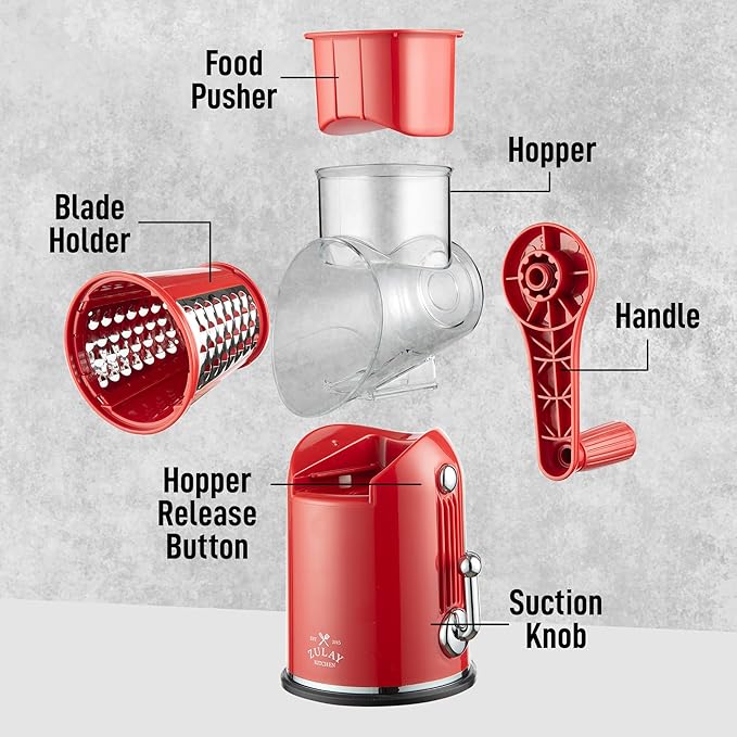 Zulay Kitchen Rotary Cheese Grater 5 Blade Cheese Shredder - Manual Hand Crank Cheese Grater With Reinforced Suction & 5 Interchangeable Drums - Easy to Use, Vegetable Chopper Round Mandoline Slicer