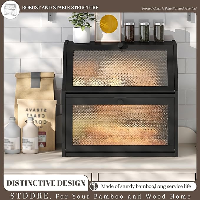 STDDRE Bread Box for Kitchen Countertop Bin Double Layer Bread Box Storage Container Extra Large Capacity with Diamond Pattern Windows (Black, Extra Large)