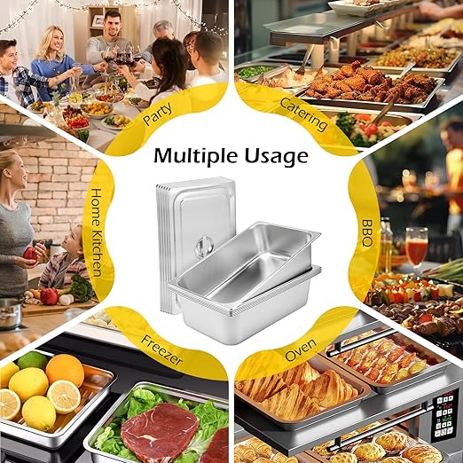 Dyna-Living 6 Pack Hotel Pans Full Size, 6 Inch Deep Stainless Steel Steam Table Pan with Lids Anti Jam Stackable Commercial Food Pans for Buffet Hotel Home Restaurant Party Catering Supplies