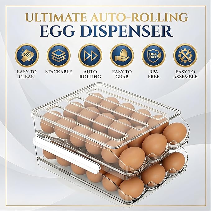 Egg Holder for Fridge, Automatic Rolling Egg Organizer, Clear Plastic Stackable Egg Container with Lid, Space-Saving Refrigerator Egg Dispenser Tray, 2-Tier Design