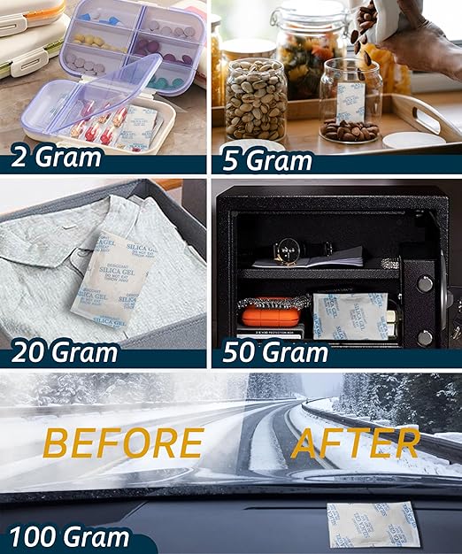 2 Gram (50 Pack) Color-Indicating Silica Gel Packets, Premium Food Grade Desiccant - Rechargeable Moisture Absorbers for Food Storage, Electronics, 3D Filament & Safes