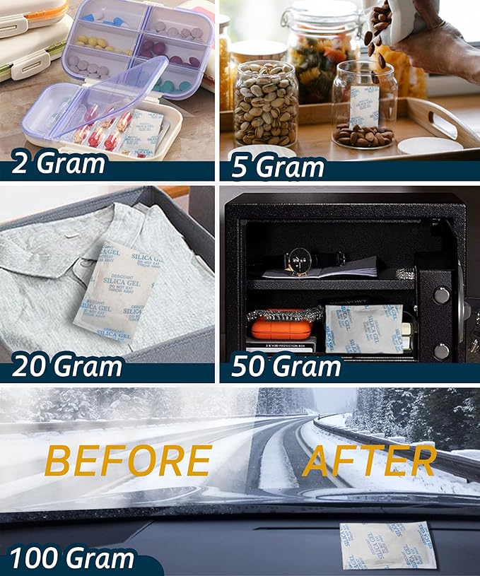 5 Gram (50 Pack) Color-Indicating Silica Gel Packets, Premium Food Grade Desiccant - Rechargeable Moisture Absorbers for Food Storage, Electronics, 3D Filament & Safes