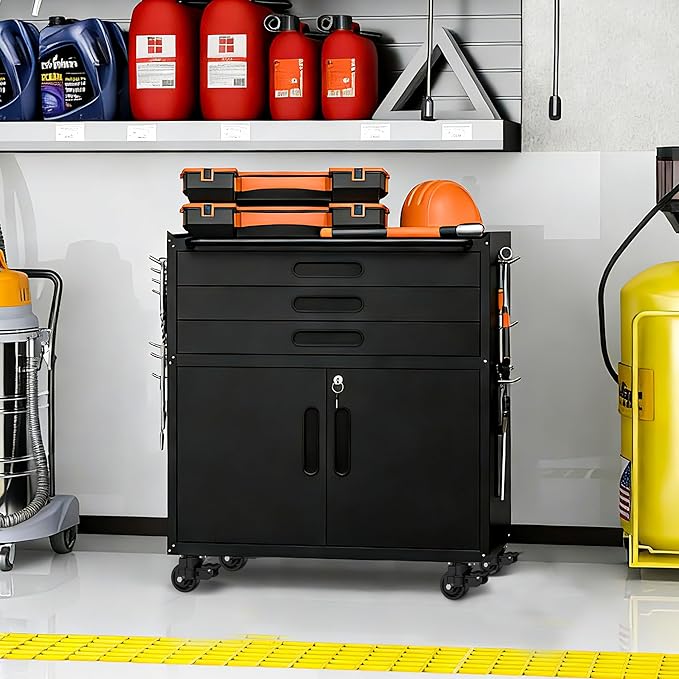 BIZOEIRON Metal Garage Storage Cabinet with Wheels, Rolling Tool Cabinet with 3 Drawers and 2 Doors, Heavy Duty Tool Cabinet with Workbench, Assembly Required, Black