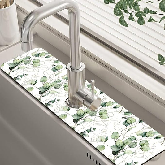 Watercolor Gold Eucalyptus Branch Dish Drying Mat for Kitchen Sink Splash Guard Behind Faucet Sink Mat Absorbent Fast Drying Faucet Draining Mat for Bathroom Kitchen 5.5"×24"