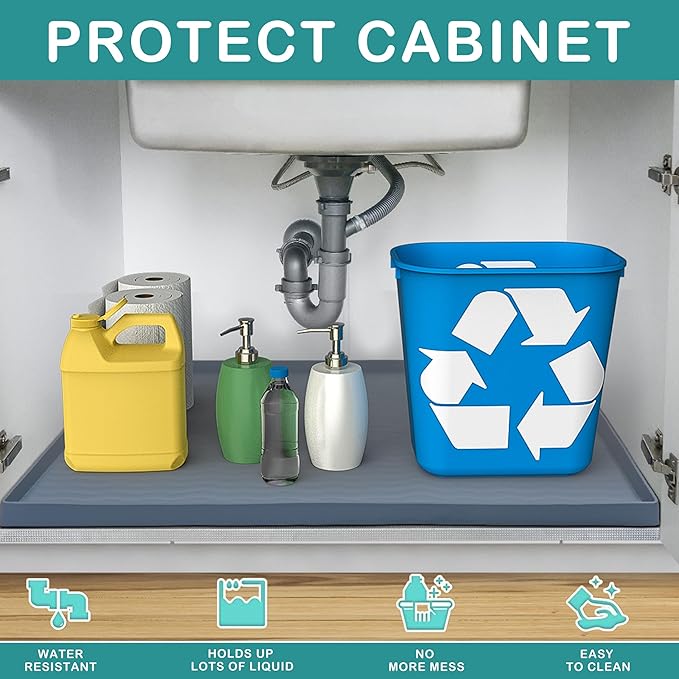 URMONA Waterproof Silicone Under Sink Mat 22'' x 14'' Shelf Liner for Kitchen and Bathroom, Cabinet and Counter Protector, Storage and Organizers, Litter Mat, Pet Cat Puppy Essentials(Navy)