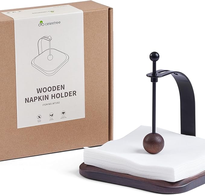 Walnut Napkin Holder for Table Wood Square Napkin Dispenser with Metal Cocktail Napkin Holder, Suitable for Kitchen, Restaurant, Bar, Office, Parties, Home Décor (Black Walnut Wood)