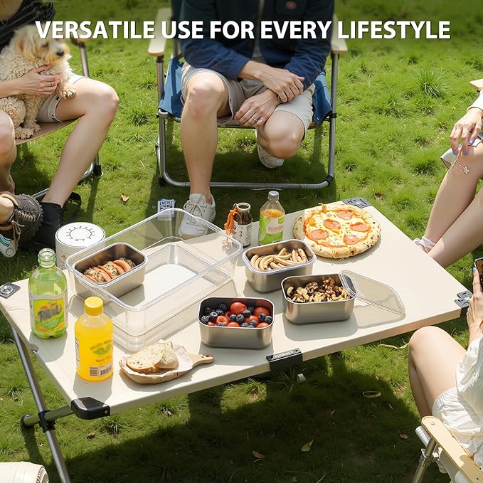 Freshmage Snackle Box Container, Stainless Steel Divided Serving Snack Tray with Lid and Handle, 4 Compartment Portable Snack Platters for Road Trip, Beach, Picnic, Ball Games, Pool and Parties