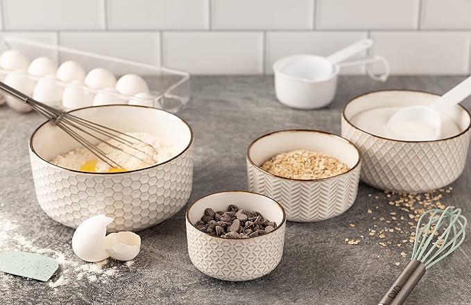 KooK Serving Bowls, with Lids, Ceramic Mixing Bowls, Nesting, Set of 4, Embossed, Kitchen, Prep, Stackable, Mix, Gift, Microwave and Dishwasher Safe, 10/16/29/47 oz, Narbonne Collection (Ivory)