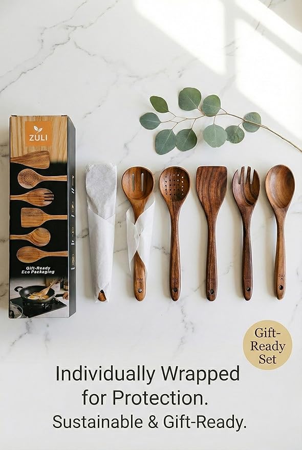 6-Piece Teak Wooden Cooking Utensil Set – Spoons and Spatulas for Nonstick Cookware, Non-Scratch Heat-Resistant Eco-Friendly Kitchen Tools