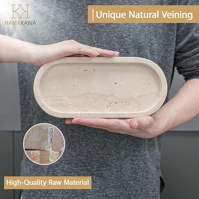 HAMAKAWA Bathroom Vanity Tray, Natural Marble Oval Sink Tray 10 inch, Beige Travertine Vanity Tray for Soap Dispenser Modern Countertop Organizer for Kitchen Countertops, Home Decor