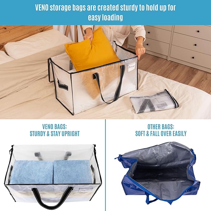 VENO 2 Pack Moving Bags, Christmas Storage Bins, Moving Boxes Alternative, Comforter and Blanket Storage Bags, College Dorm Packing Supplies, Foldable Heavy-Duty Tote (Clear, 2 Pack)