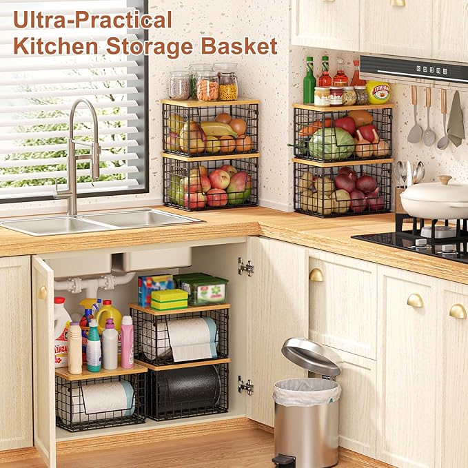 keomaisyto Stackable Wire Baskets, 2-Pack - Kitchen & Pantry Organizers for Potato, Onion Storage, Heavy-Duty Metal Storage Bins for Fruit, Vegetable, Snack, Can