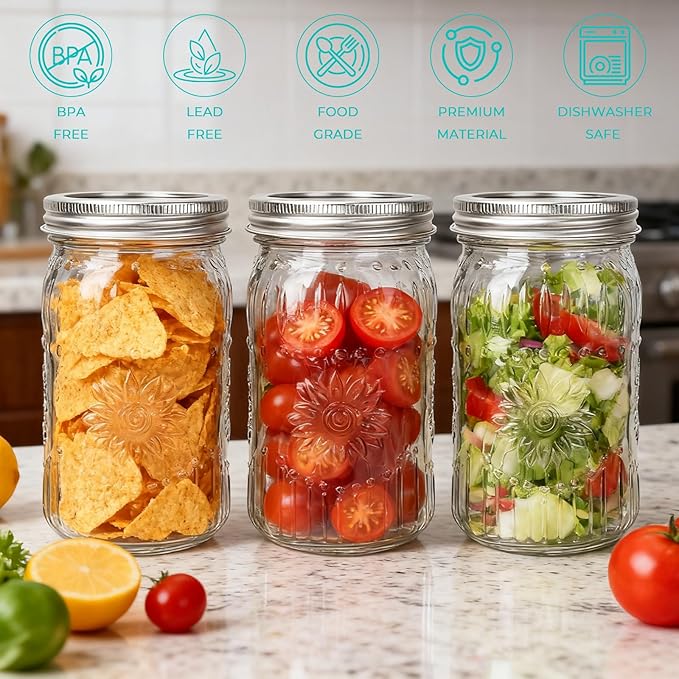 CycleMore Wide Mouth Mason Jars 32oz, 12Pack Glass Canning Jars with Metal Airtight Lids and Bands, 1Quart Large Food Canister forJam Making, Pantry Organization & Party Decor