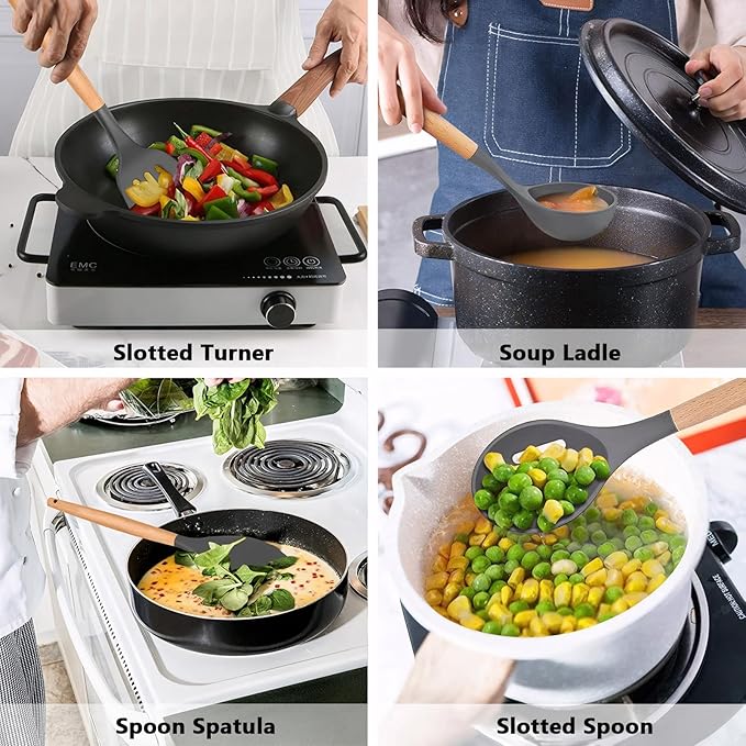 IOCBYHZ Silicone Cooking Utensils Set 5-Piece Non-Stick Kitchen Utensil Set, Wood Handle Heat Resistant Spatula Spoon Turner Soup Ladle Silicone Cooking Kitchen Gadgets BPA Free for Nonstick Cookware