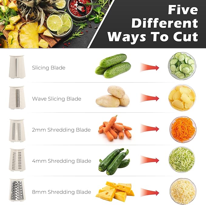 Rotary Cheese Grater Hand Crank with 5-in-1 Interchangeable Blades & Strong Suction Base Vegetables Shredder Manual Slicer for Kitchen, Cream