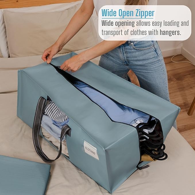 VENO 4 Pack Heavy Duty Moving Bags, Christmas Storage Bins with Lids, Transparent Window Design, Alternative to Moving Boxes, Storage Bags for Clothes, Blankets, Comforters (Light Blue Matte, 4 Pack)