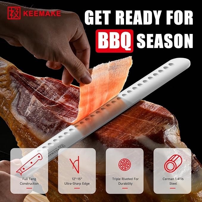 KEEMAKE Brisket Knife, 12 Inch Carving Knife, Razor Sharp German Steel Slicing Knives for Meat with Ergonomic Handle for Meat Cutting, Roasts, BBQ, Turkey