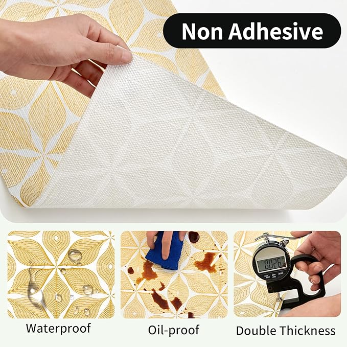 Shelf Liners for Kitchen Cabinets 23.62in x 20FT, Non Adhesive Cabinet Liner Strong Non-Slip Golden Leaf Drawer Liner, Easy to Clean for Shelf, Cabinet with Knife and Tape Measure