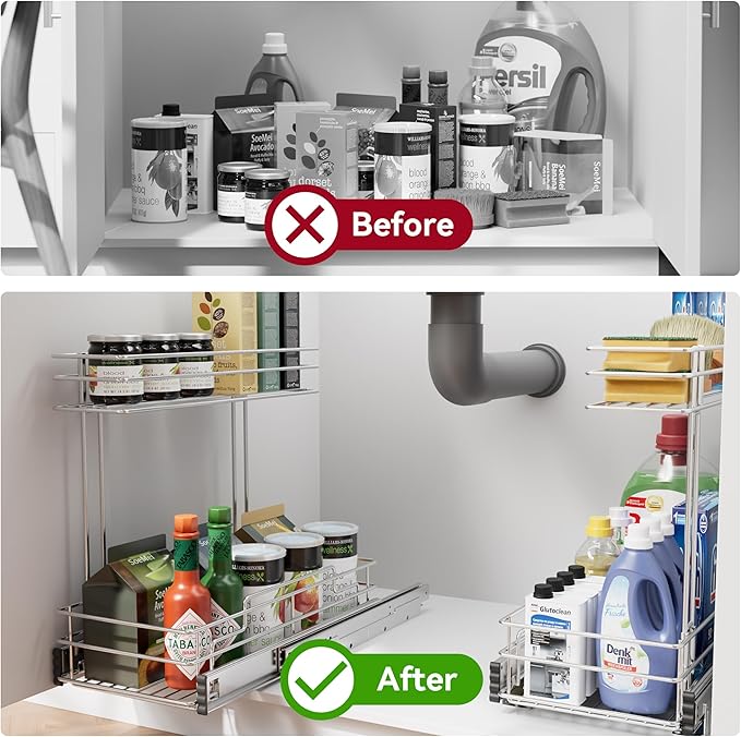 STORKING Under Sink Organizer 9" W X17 D, Pull Out Cabinet Organizer 2 Tier, Under Sink Slide Out Chrome Plated, Under Kitchen Bathroom Sink Organizer, Pantry Cabinet Closet Organization Rack, 2 Pack