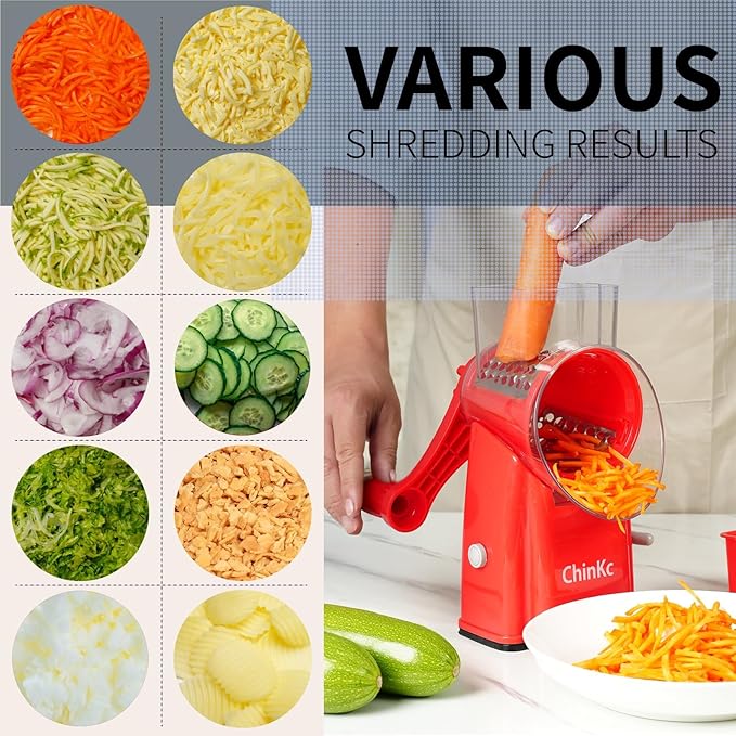 ChinKc Upgrade Rotary Cheese Grater Shredder with Handle, Strong Suction Base, Multi-purpose Rotary Grater Slicer with 5 Interchangeable Blades for Ice, Vegetables, Fruit, Nuts with Blade Storage Box