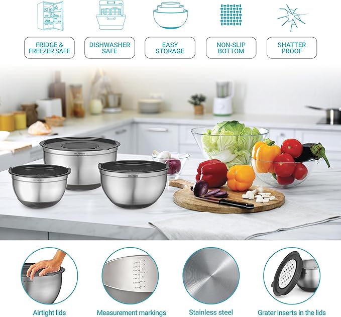 Mixing Bowls with Airtight Lids - 8PCS Stainless Steel Nesting Mixing Bowls Set with 3 Grater Attachments & Non-Slip Bottoms, Kitchen Bowls, Sizes 5, 4, 3.5, 2, 1.5QT for Baking & Food Prep (Black)