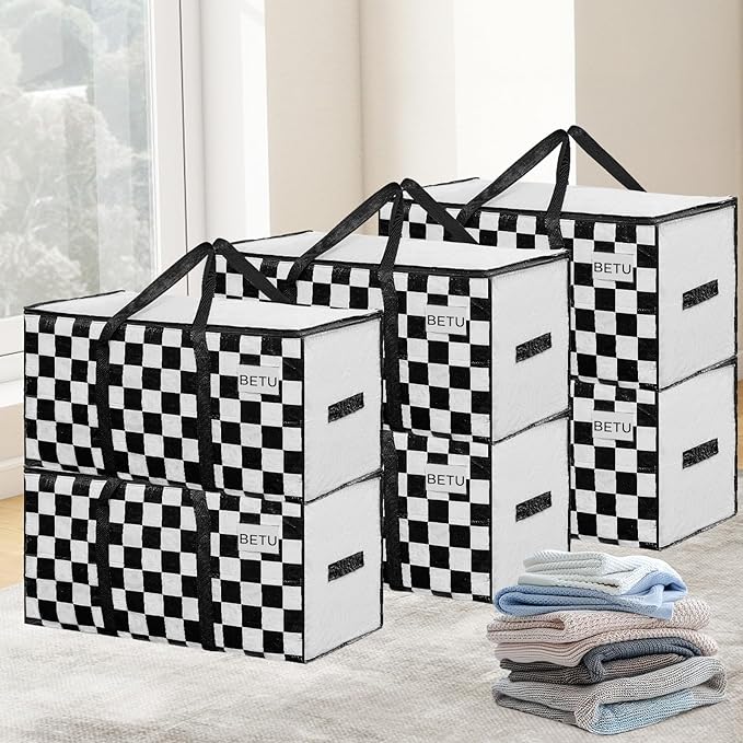 Extra Large Moving Bags Heavy Duty Storage Bags with Zipper Handles, BETU 6 Pack Clothes Storage Totes Bins Packing Moving Boxes, Moving Supplies for College Dorm Essentials, Space Saving,White Plaid