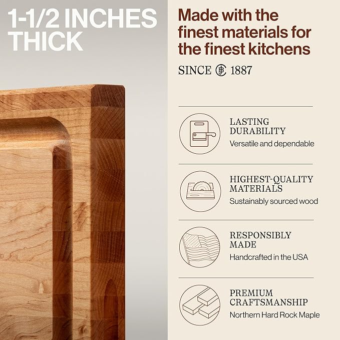 John Boos CB Series Rectangular Wooden Maple Cutting Board 24”x18” – 1.5” Thick, 18-lb Reversible Butcher Block with Juice Groove, Edge-Grain & Finger Grips – Made in the USA