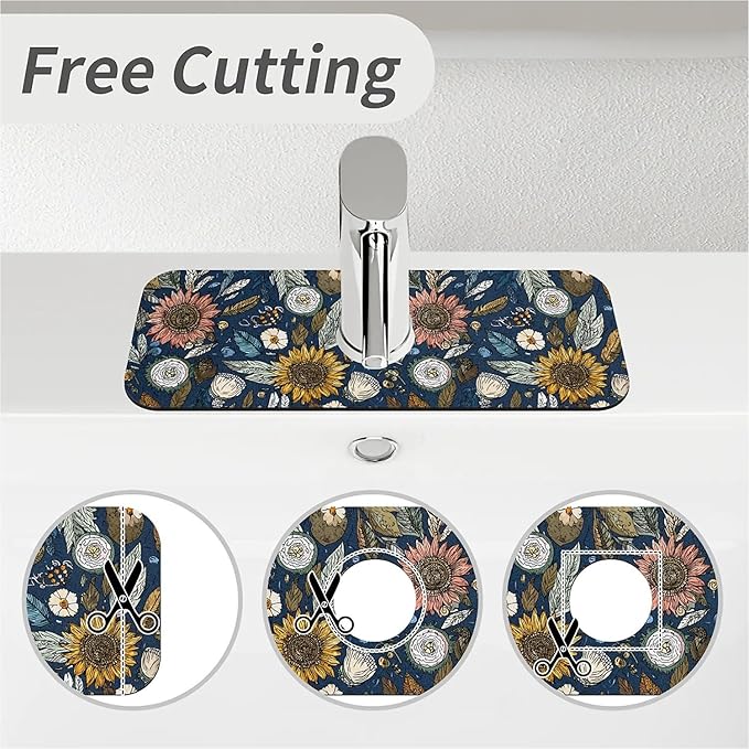Kitchen Sink Splash Guard，bohemian flowers and leaves Faucet Mat Sink Gadgets-Super Absorbent Fast Drying Mat Drip Catcher for Kitchen, Bathroom,Sink Mat, Dish Drying Mat, Bathroom(15" X 5.5" )