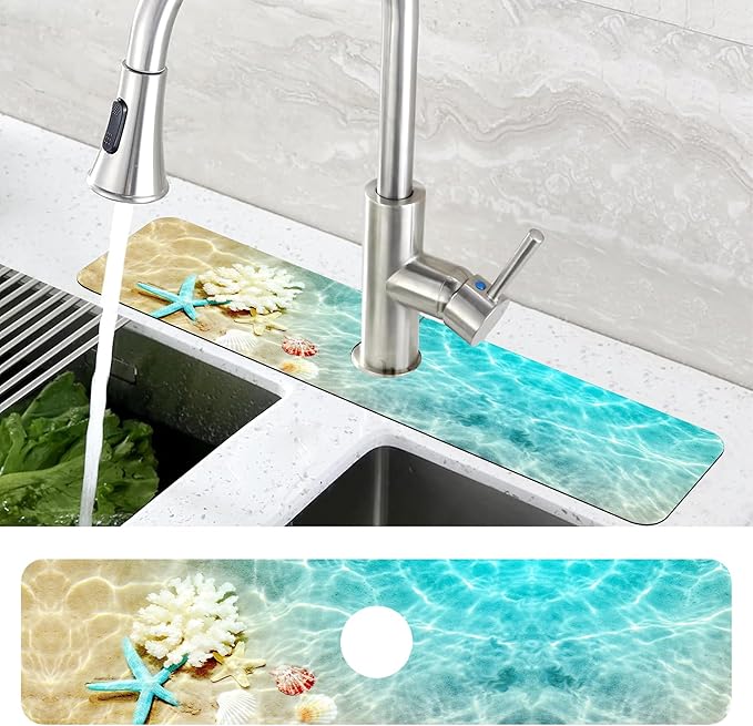 Beach Dish Drying Mat for Kitchen Sink Starfish Coral and Seashell Splash Guard Behind Faucet Sink Mat Absorbent Fast Drying Faucet Draining Mat for Bathroom Kitchen 5.5"×24"
