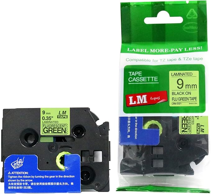 1/Pack LM Tapes - LMeD21 Premium 3/8" Black Print on Bright Green Label Compatible with P-Touch TZe-D21 Tape and Includes Tape Color/Size Guide. Replaces TZ-D21 9mm 0.35 Laminated.
